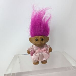 Vintage Russ Troll Doll, 3", Pink Hair, Pink Dress